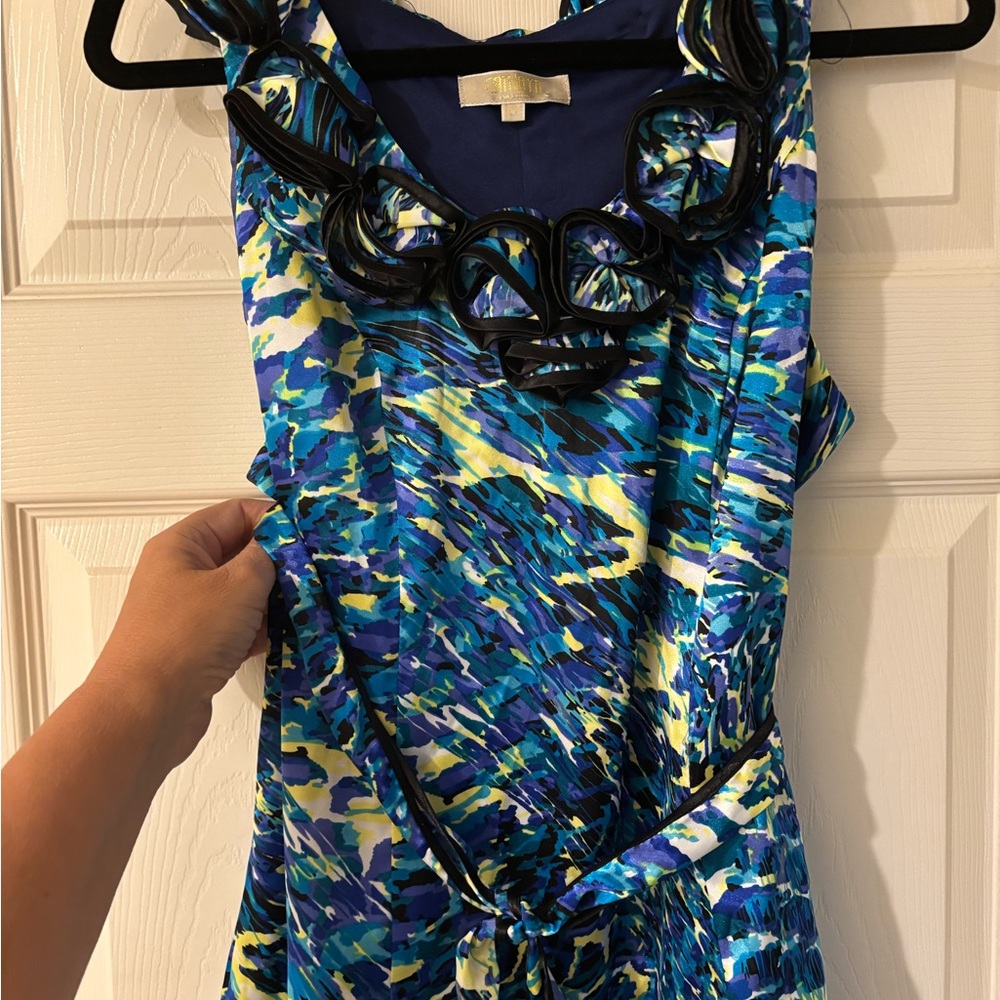 Cathaya Collection Blue and Yellow Mosaic Blouse Scoop Neckline Belt Size 12